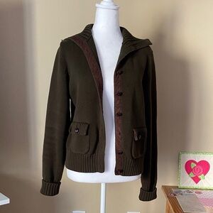 Ralph Lauren Olive Green and Brown Cardigan Sweater with Shawl Collar Medium
